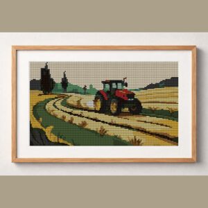 farm-tractor framed cross stitch mockup, realistic finished embroidery design, PDF pattern digital download