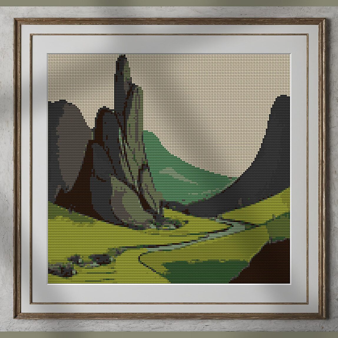 follow-your-path alternative framed cross stitch mockup, realistic finished embroidery presentation