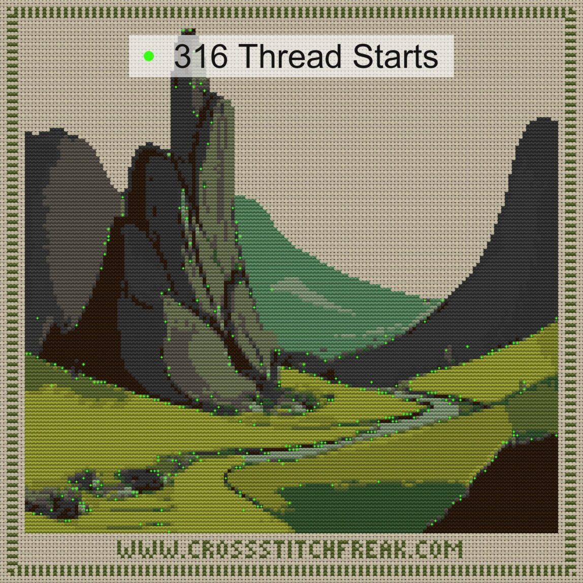 follow-your-path cross stitch start point map with highlighted thread start positions in the full design