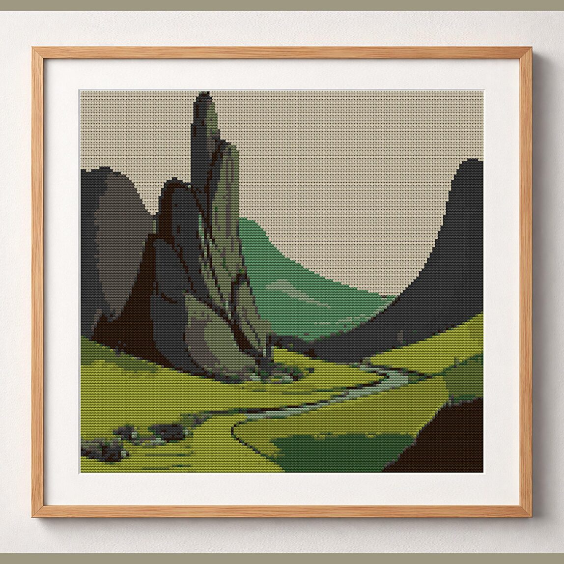 follow-your-path framed cross stitch mockup, realistic finished embroidery design, PDF pattern digital download