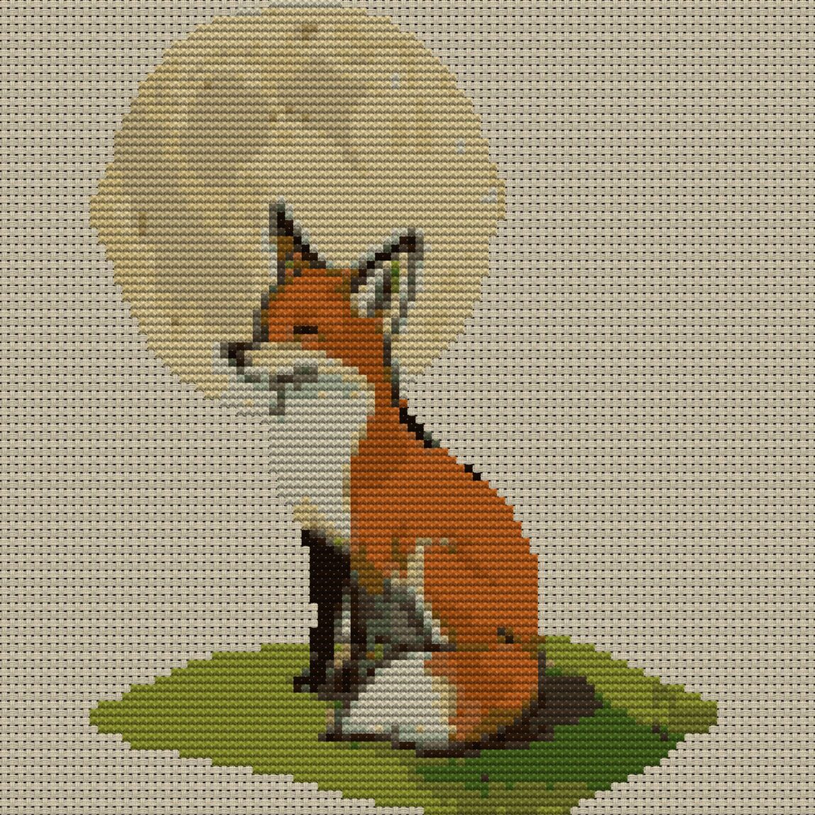 fox-moon-gazing full cross stitch design mockup without frame, realistic embroidery preview