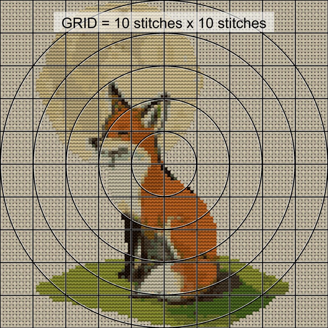 fox-moon-gazing close-up cross stitch detail showing color changes, confetti areas and stitch texture