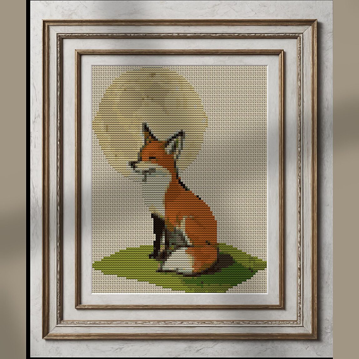 fox-moon-gazing alternative framed cross stitch mockup, realistic finished embroidery presentation
