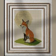 fox-moon-gazing alternative framed cross stitch mockup, realistic finished embroidery presentation