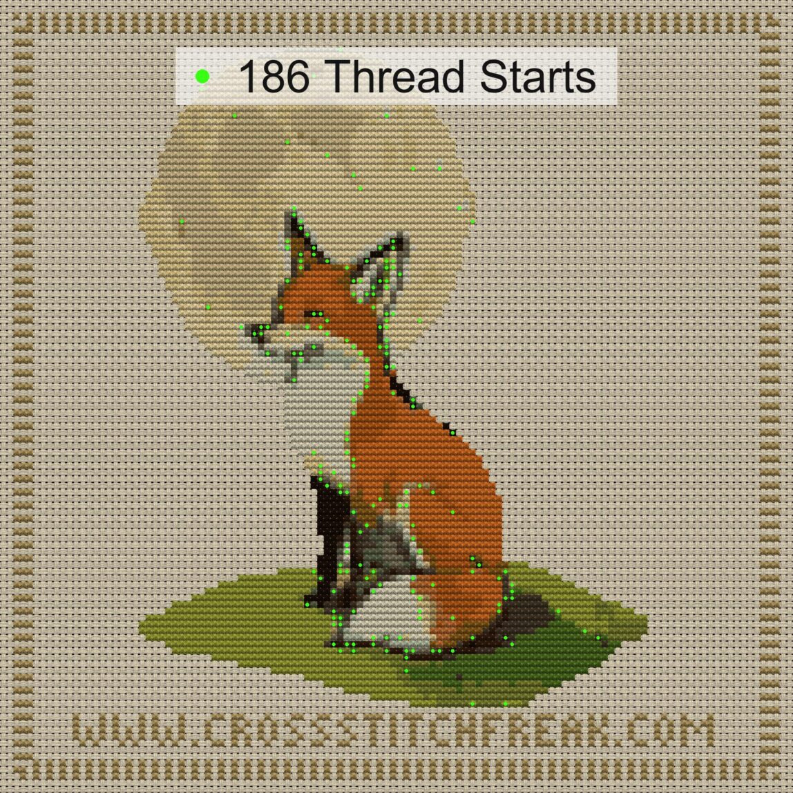 fox-moon-gazing cross stitch start point map with highlighted thread start positions in the full design