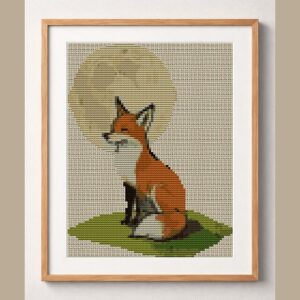 fox-moon-gazing framed cross stitch mockup, realistic finished embroidery design, PDF pattern digital download