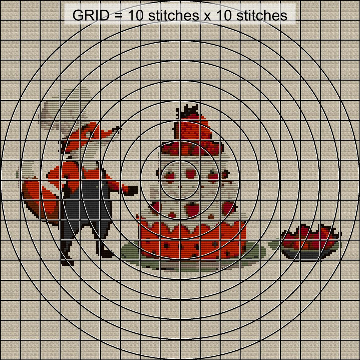 fox-pastry-chef zoomed stitching detail fox-pastry-chef close-up cross stitch detail showing color changes, confetti areas and stitch texture