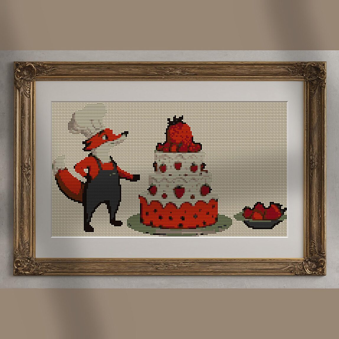 fox-pastry-chef alternative framed mockup fox-pastry-chef alternative framed cross stitch mockup, realistic finished embroidery presentation
