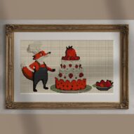 fox-pastry-chef alternative framed cross stitch mockup, realistic finished embroidery presentation