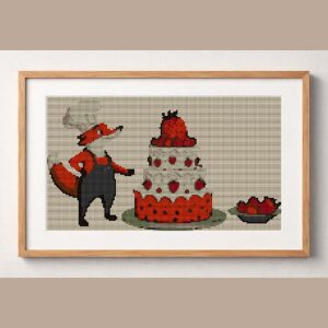 fox-pastry-chef framed cross stitch mockup, realistic finished embroidery design, PDF pattern digital download