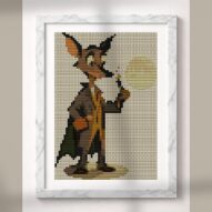 gentle-werewolf alternative framed cross stitch mockup, realistic finished embroidery presentation