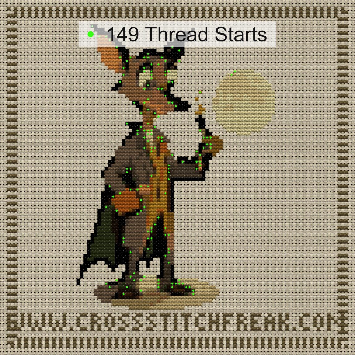 gentle-werewolf cross stitch start point map with highlighted thread start positions in the full design