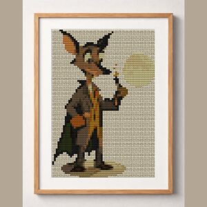 gentle-werewolf framed cross stitch mockup, realistic finished embroidery design, PDF pattern digital download