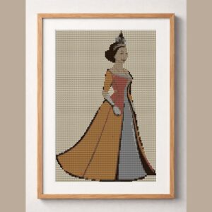 graceful-queen framed cross stitch mockup, realistic finished embroidery design, PDF pattern digital download