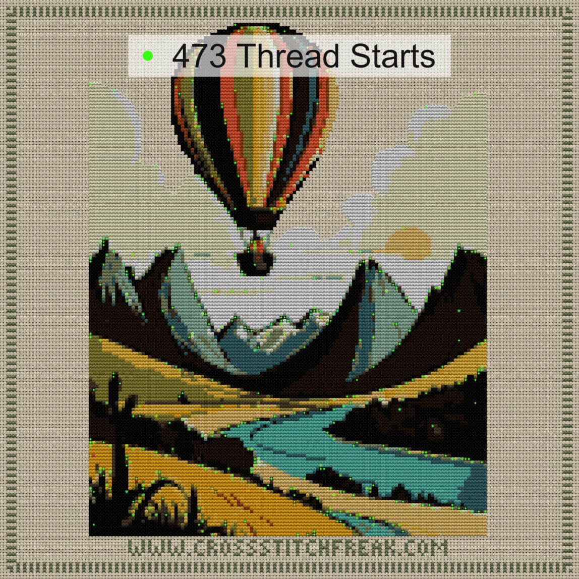 hot-air-balloon-ride cross stitch start point map with highlighted thread start positions in the full design