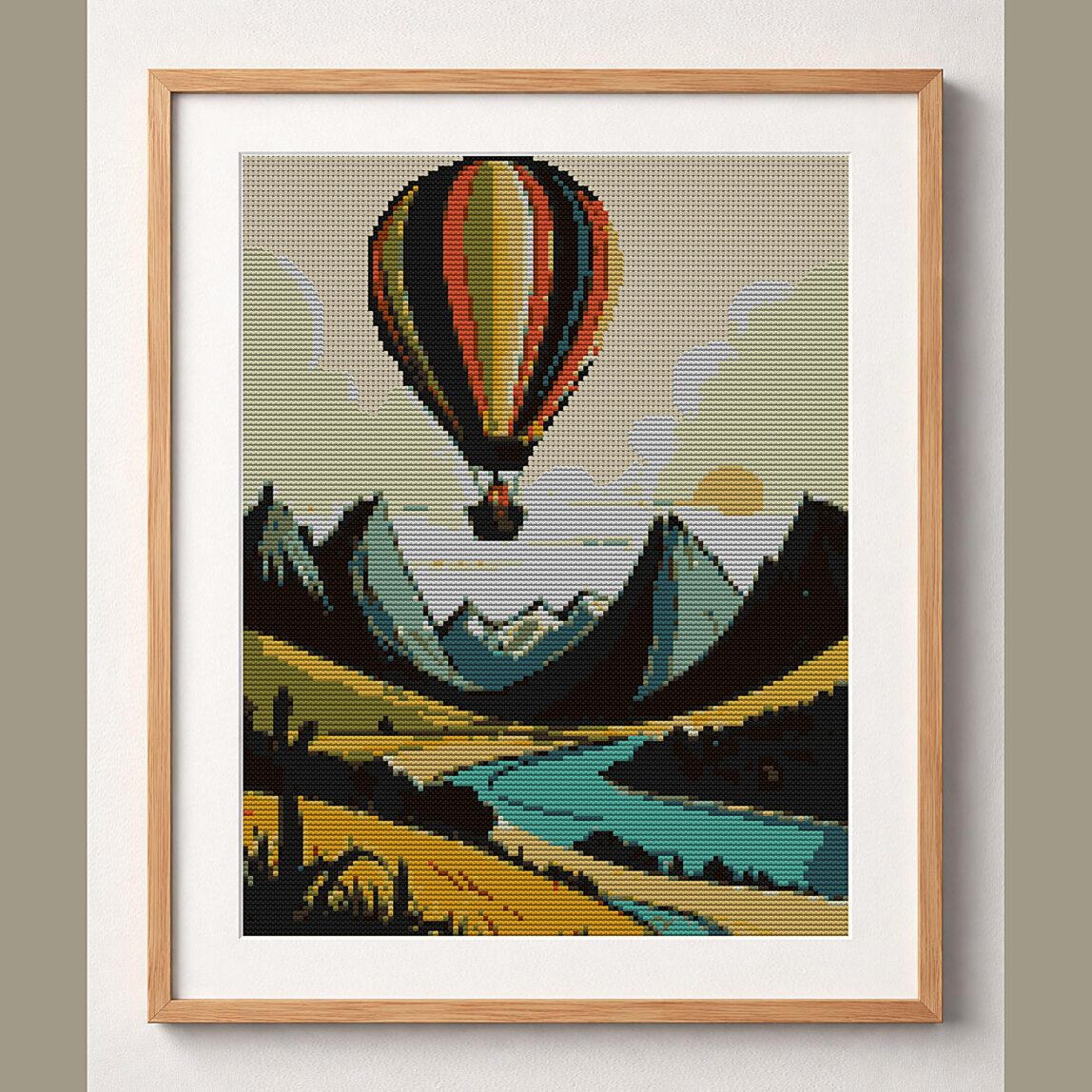 hot-air-balloon-ride framed cross stitch mockup, realistic finished embroidery design, PDF pattern digital download