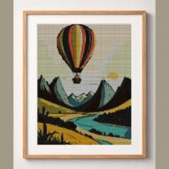 hot-air-balloon-ride framed cross stitch mockup, realistic finished embroidery design, PDF pattern digital download