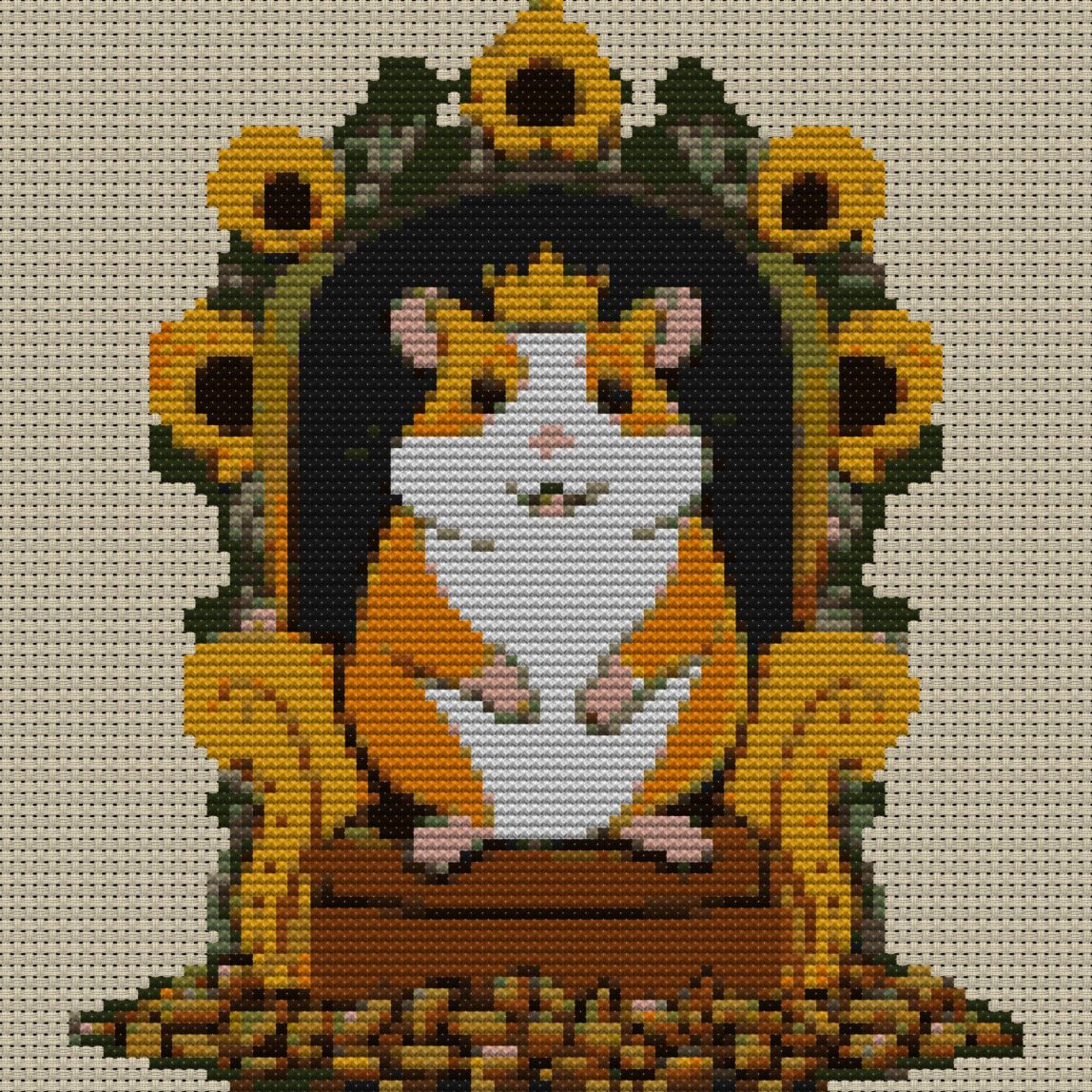 king-hamster full cross stitch design mockup without frame, realistic embroidery preview