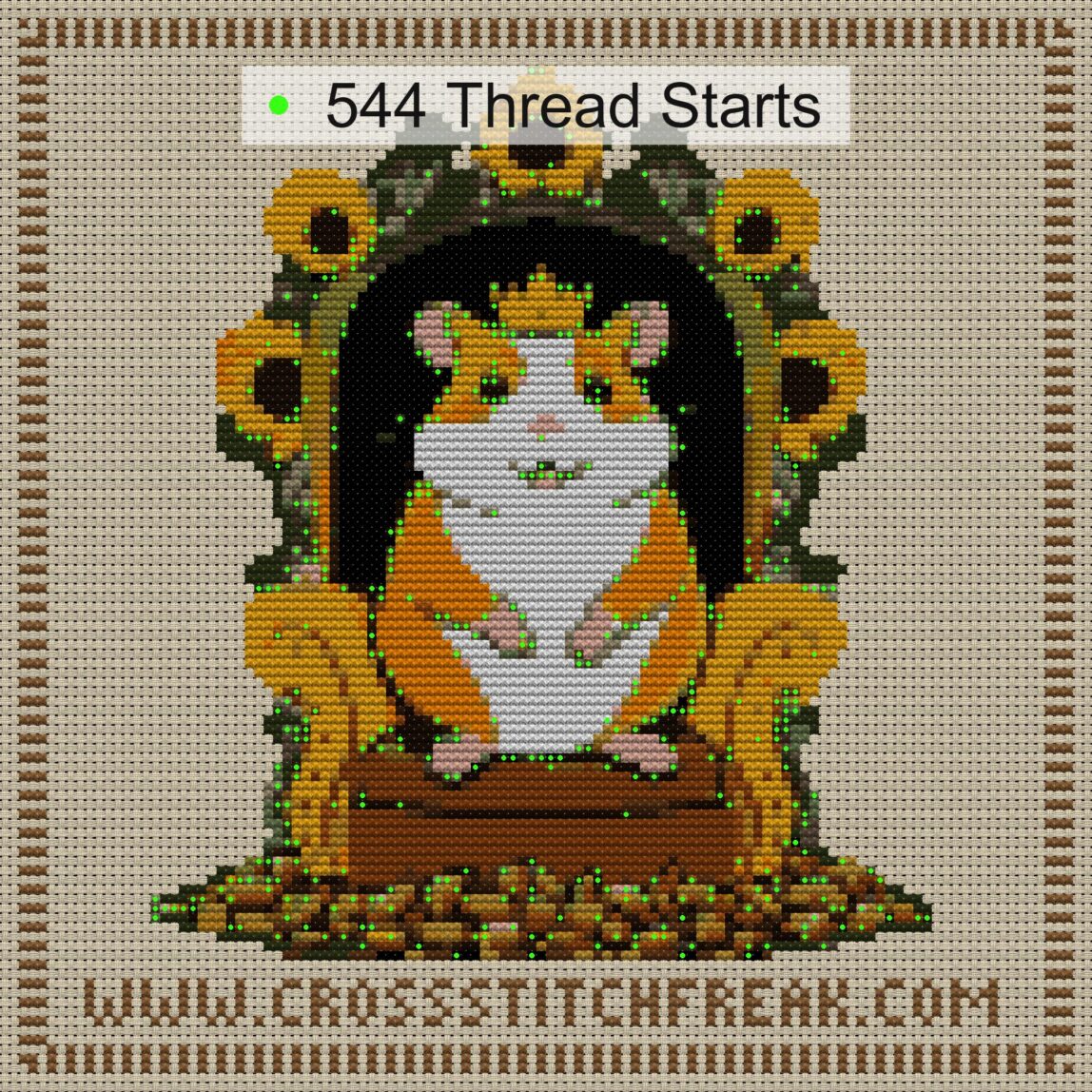 king-hamster cross stitch start point map with highlighted thread start positions in the full design
