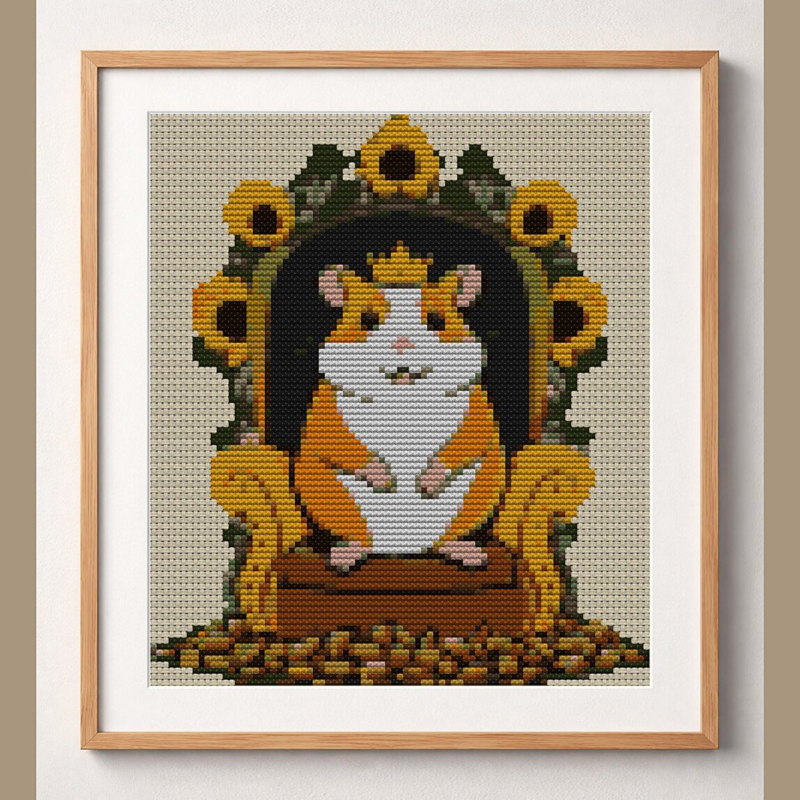 king-hamster framed cross stitch mockup, realistic finished embroidery design, PDF pattern digital download
