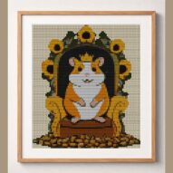king-hamster framed cross stitch mockup, realistic finished embroidery design, PDF pattern digital download