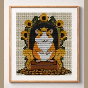 king-hamster framed cross stitch mockup, realistic finished embroidery design, PDF pattern digital download