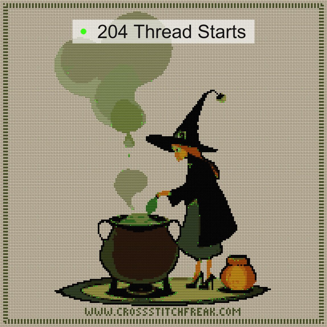 magic-brew-witch thread start point map magic-brew-witch cross stitch start point map with highlighted thread start positions in the full design