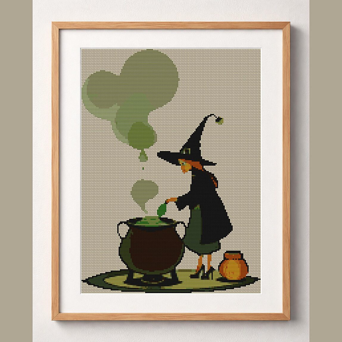 magic-brew-witch framed cross stitch mockup magic-brew-witch framed cross stitch mockup, realistic finished embroidery design, PDF pattern digital download