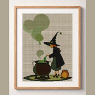 magic-brew-witch framed cross stitch mockup, realistic finished embroidery design, PDF pattern digital download