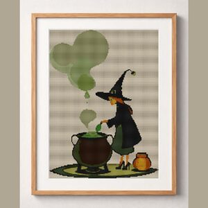 magic-brew-witch framed cross stitch mockup, realistic finished embroidery design, PDF pattern digital download