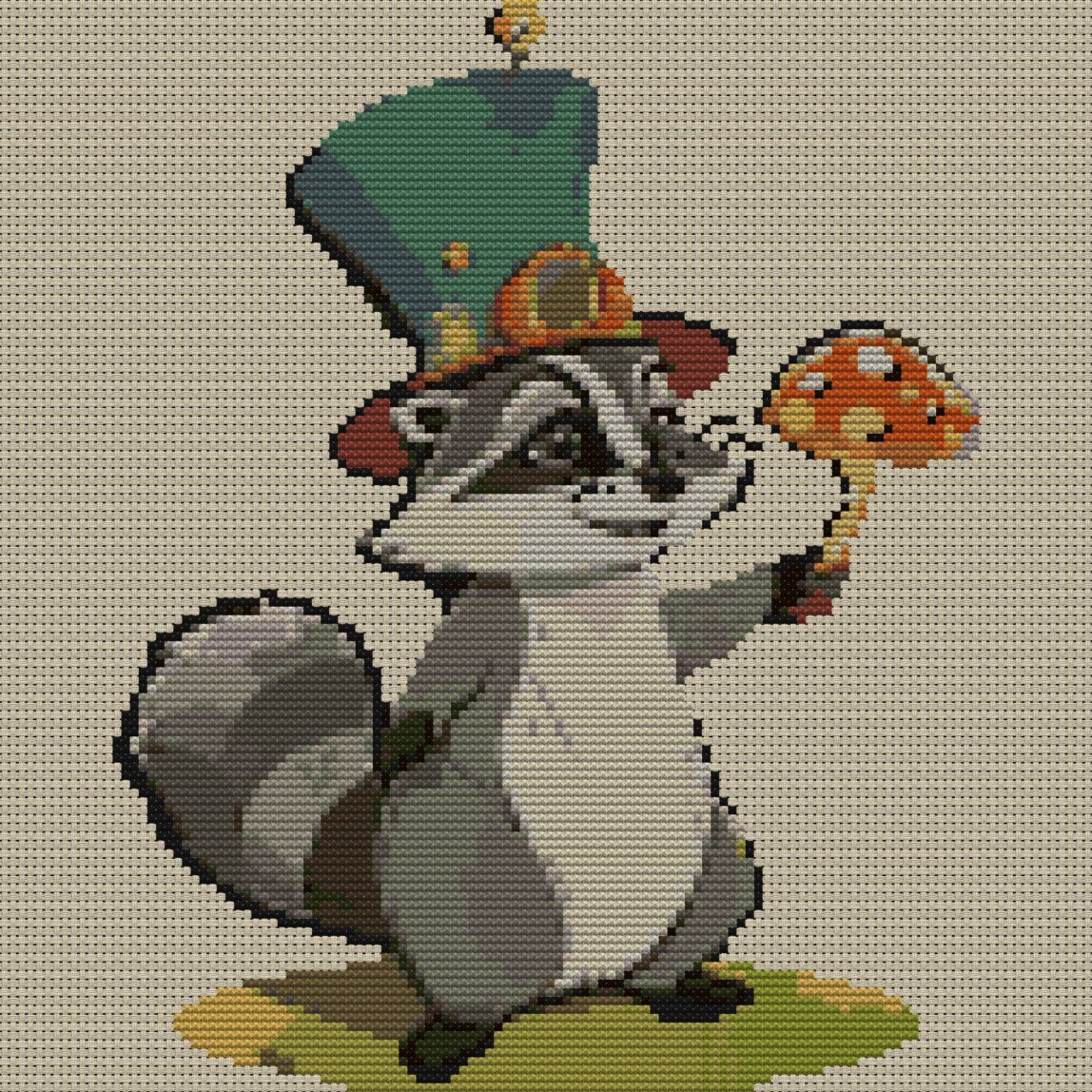 magic-raccoon-toadstool full cross stitch design mockup without frame, realistic embroidery preview