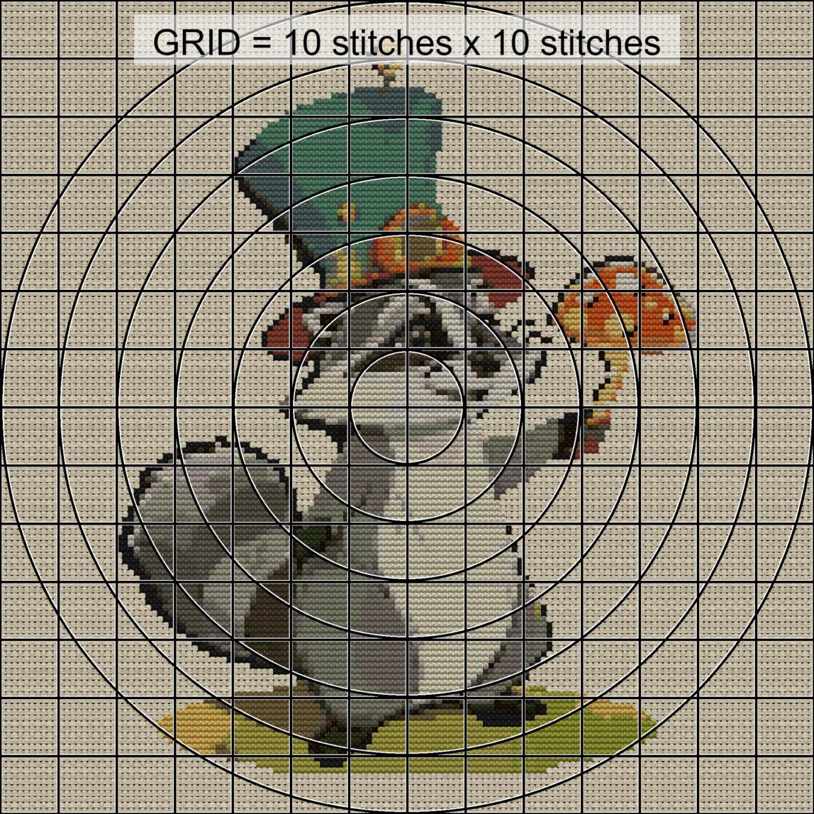 magic-raccoon-toadstool close-up cross stitch detail showing color changes, confetti areas and stitch texture
