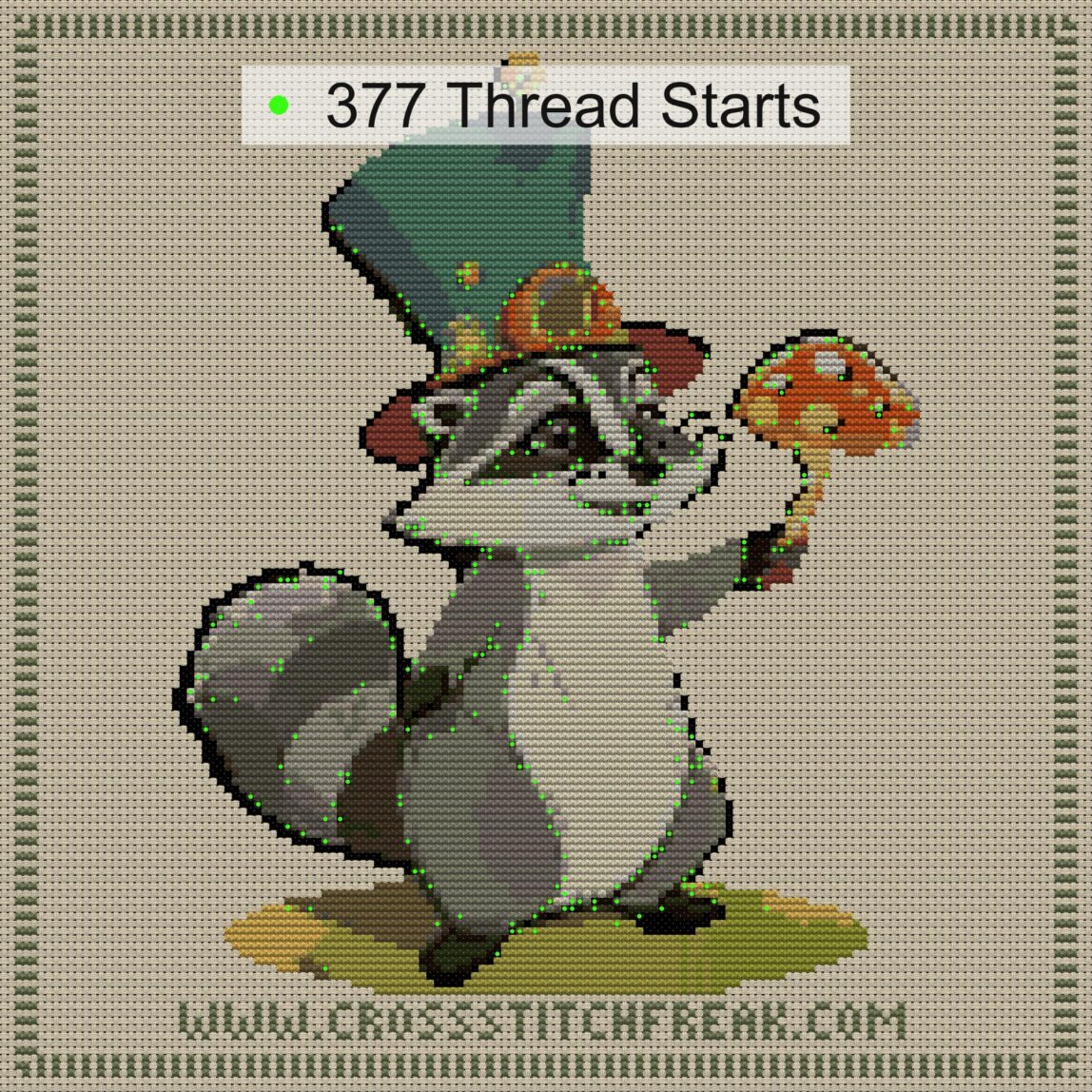 magic-raccoon-toadstool cross stitch start point map with highlighted thread start positions in the full design