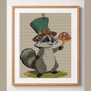 magic-raccoon-toadstool framed cross stitch mockup, realistic finished embroidery design, PDF pattern digital download