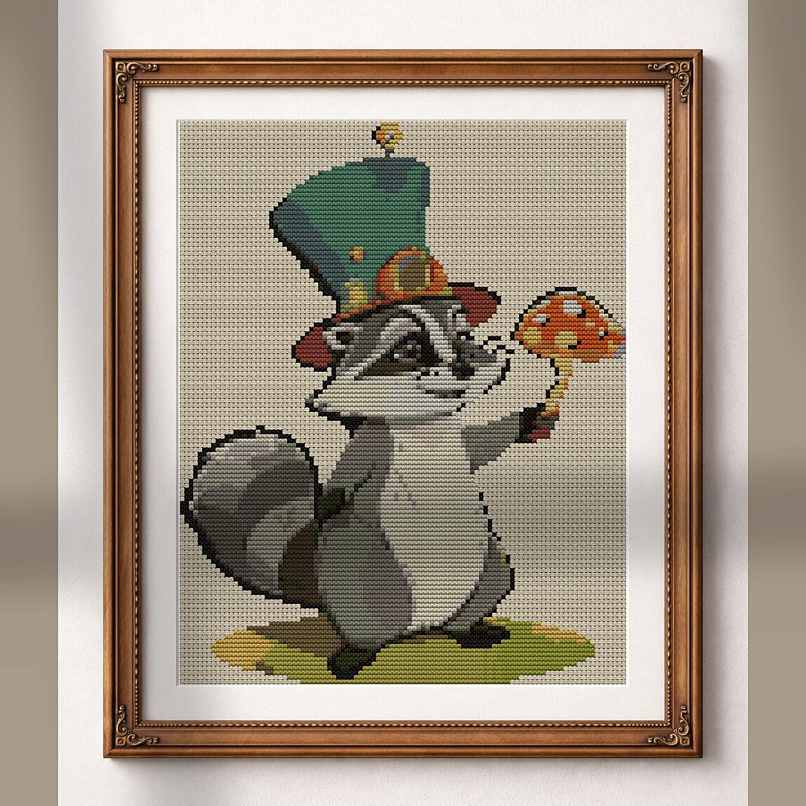 magic-raccoon alternative framed cross stitch mockup, realistic finished embroidery presentation