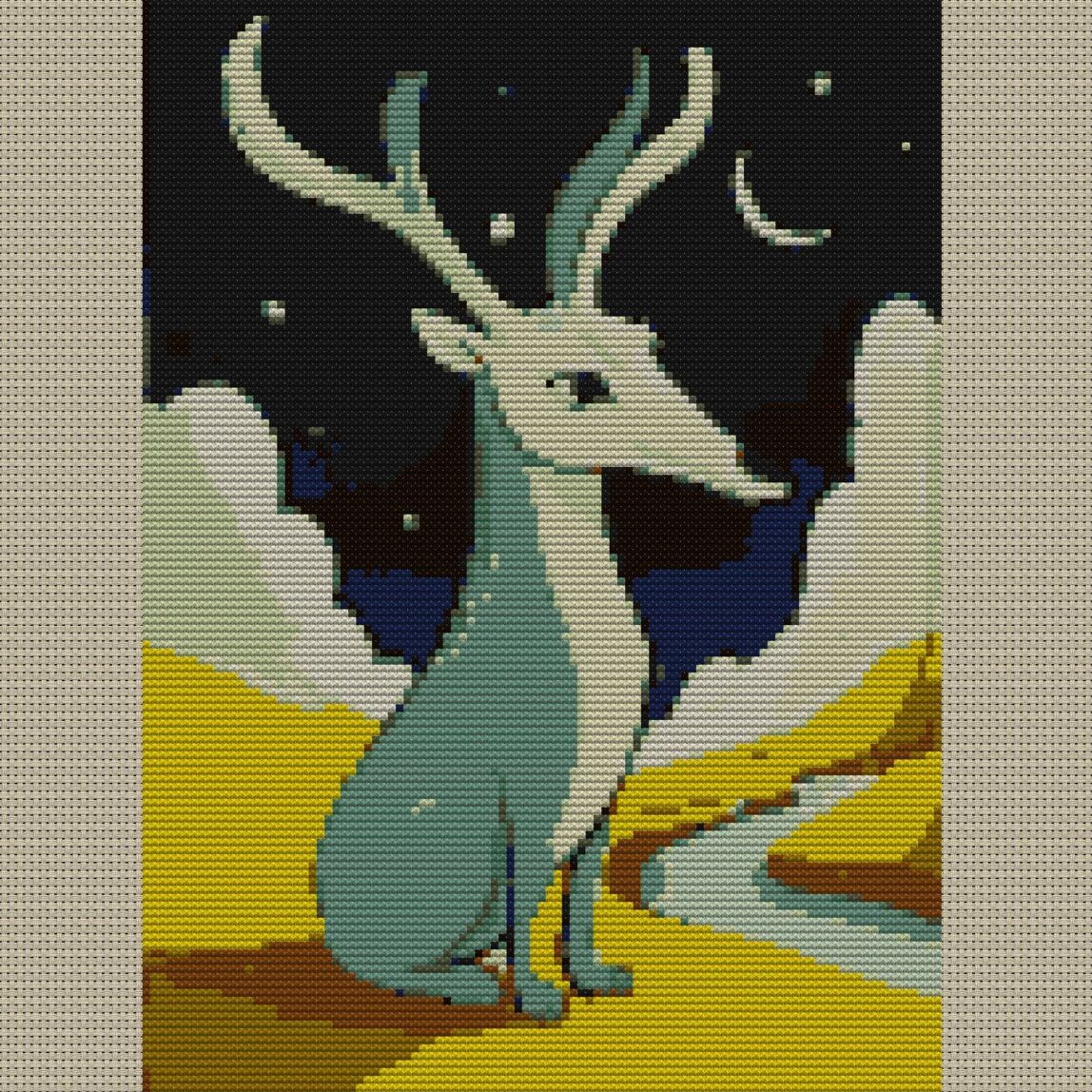 mooncalf-alone-star full cross stitch design mockup without frame, realistic embroidery preview