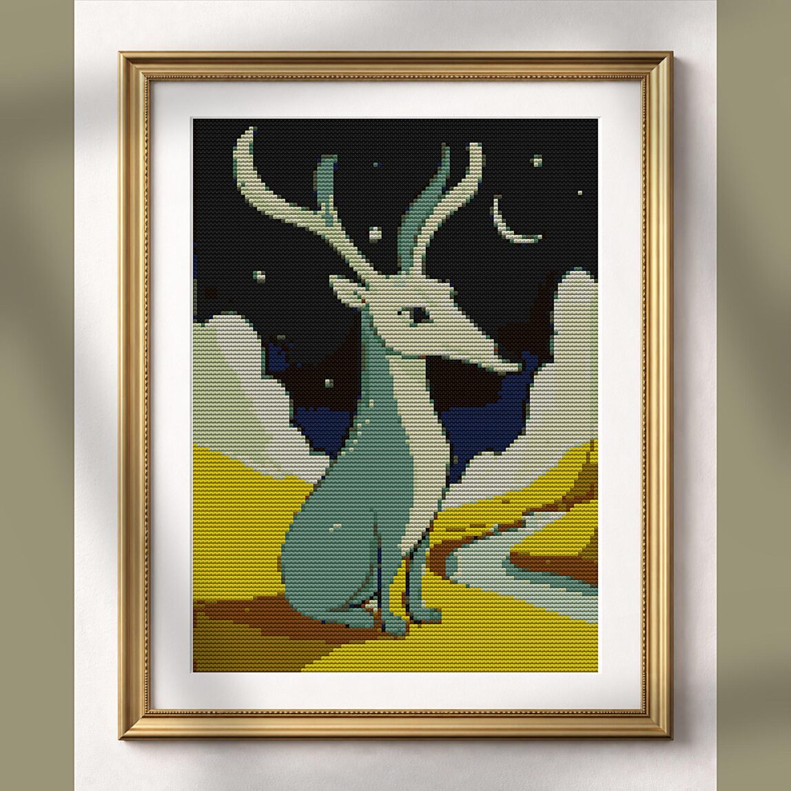 mooncalf-alone-star alternative framed cross stitch mockup, realistic finished embroidery presentation