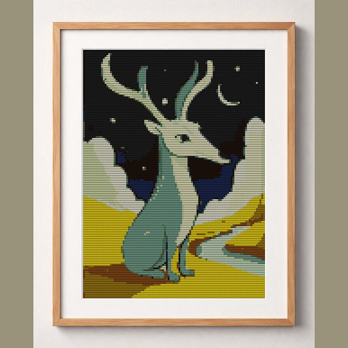mooncalf-alone-star framed cross stitch mockup, realistic finished embroidery design, PDF pattern digital download