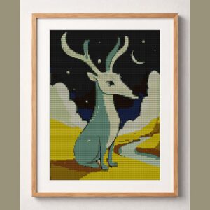 mooncalf-alone-star framed cross stitch mockup, realistic finished embroidery design, PDF pattern digital download