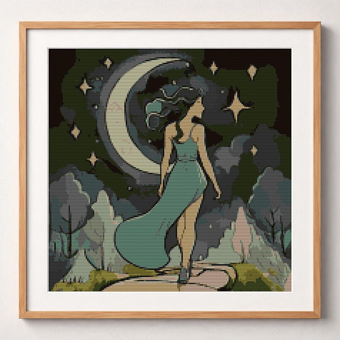 moonwalk framed cross stitch mockup, realistic finished embroidery design, PDF pattern digital download