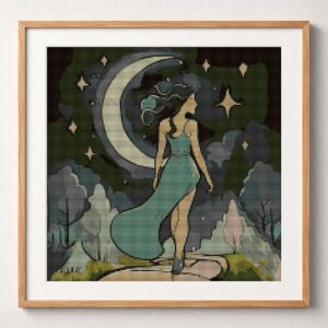 moonwalk framed cross stitch mockup, realistic finished embroidery design, PDF pattern digital download