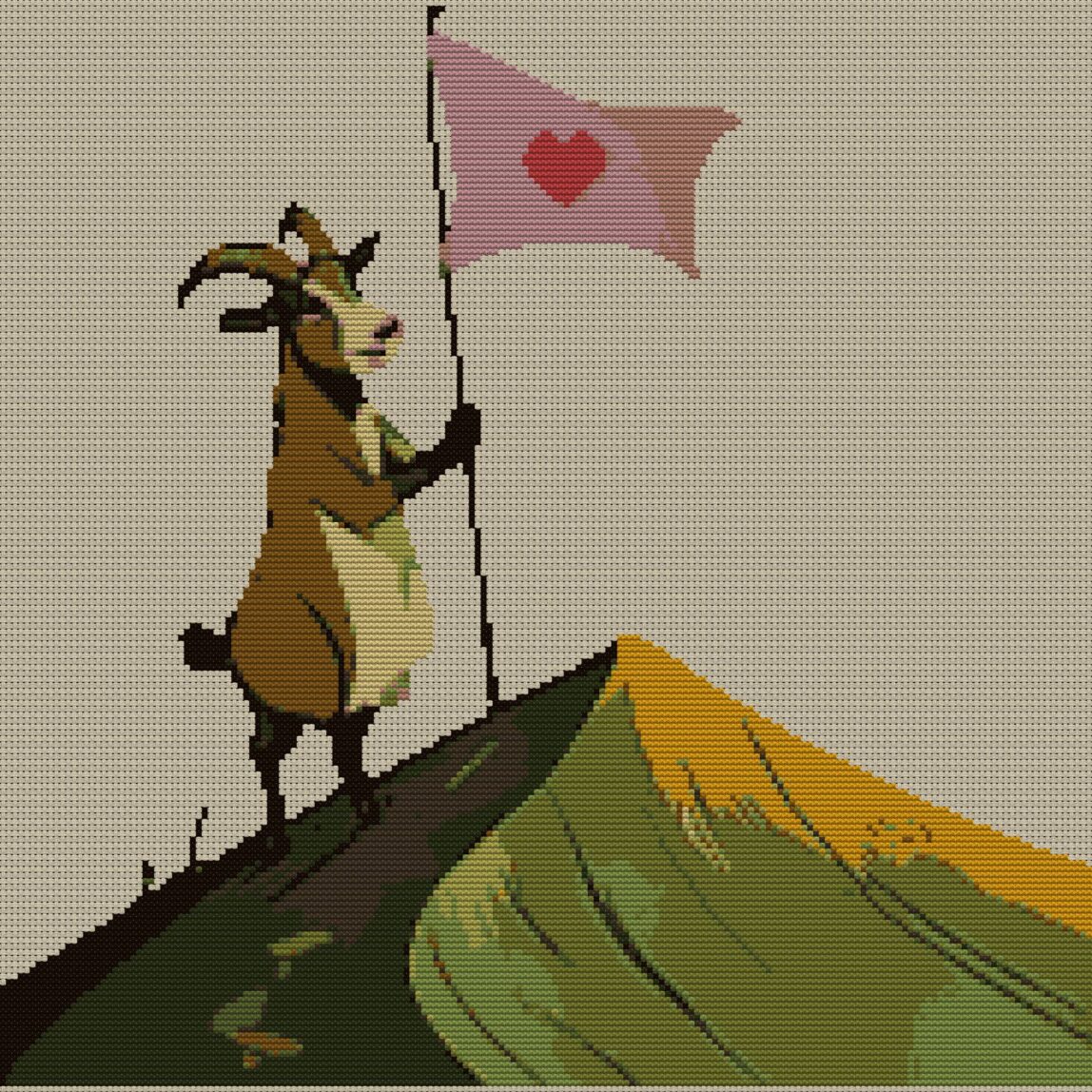 mountain-climbing-goat full cross stitch design mockup without frame, realistic embroidery preview