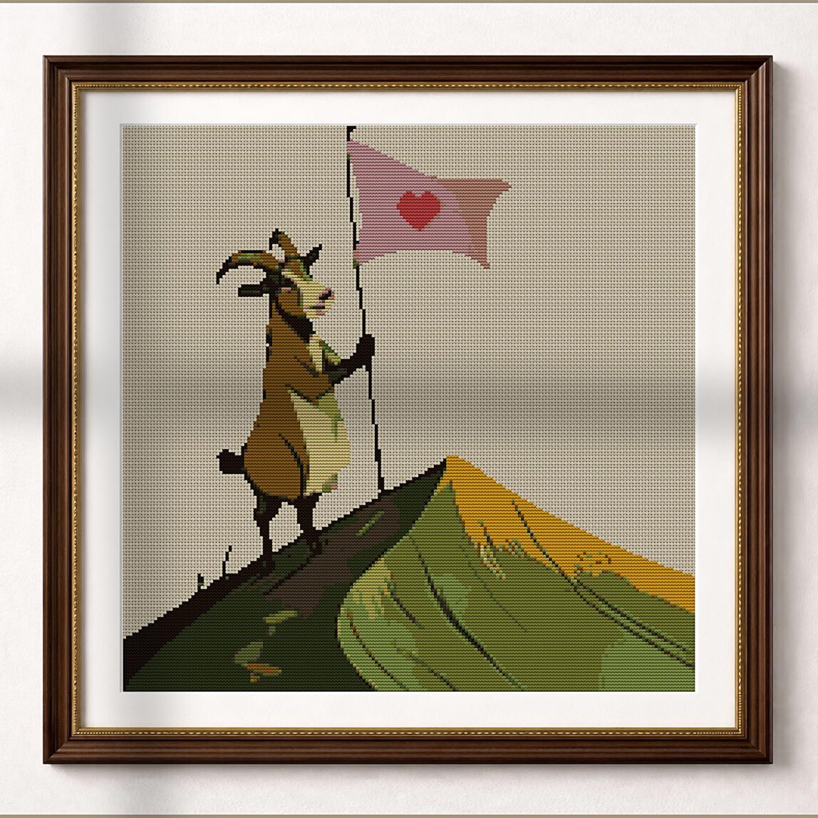 mountain-climbing-goat alternative framed cross stitch mockup, realistic finished embroidery presentation