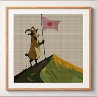 mountain-climbing-goat framed cross stitch mockup, realistic finished embroidery design, PDF pattern digital download
