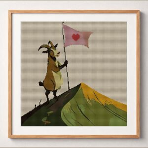 mountain-climbing-goat framed cross stitch mockup, realistic finished embroidery design, PDF pattern digital download