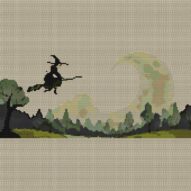 night-broom-witch full cross stitch design mockup without frame, realistic embroidery preview