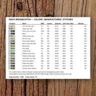 night-broom-witch thread color chart with DMC, Anchor, Sullivans, J&P Coats and Maxi color references