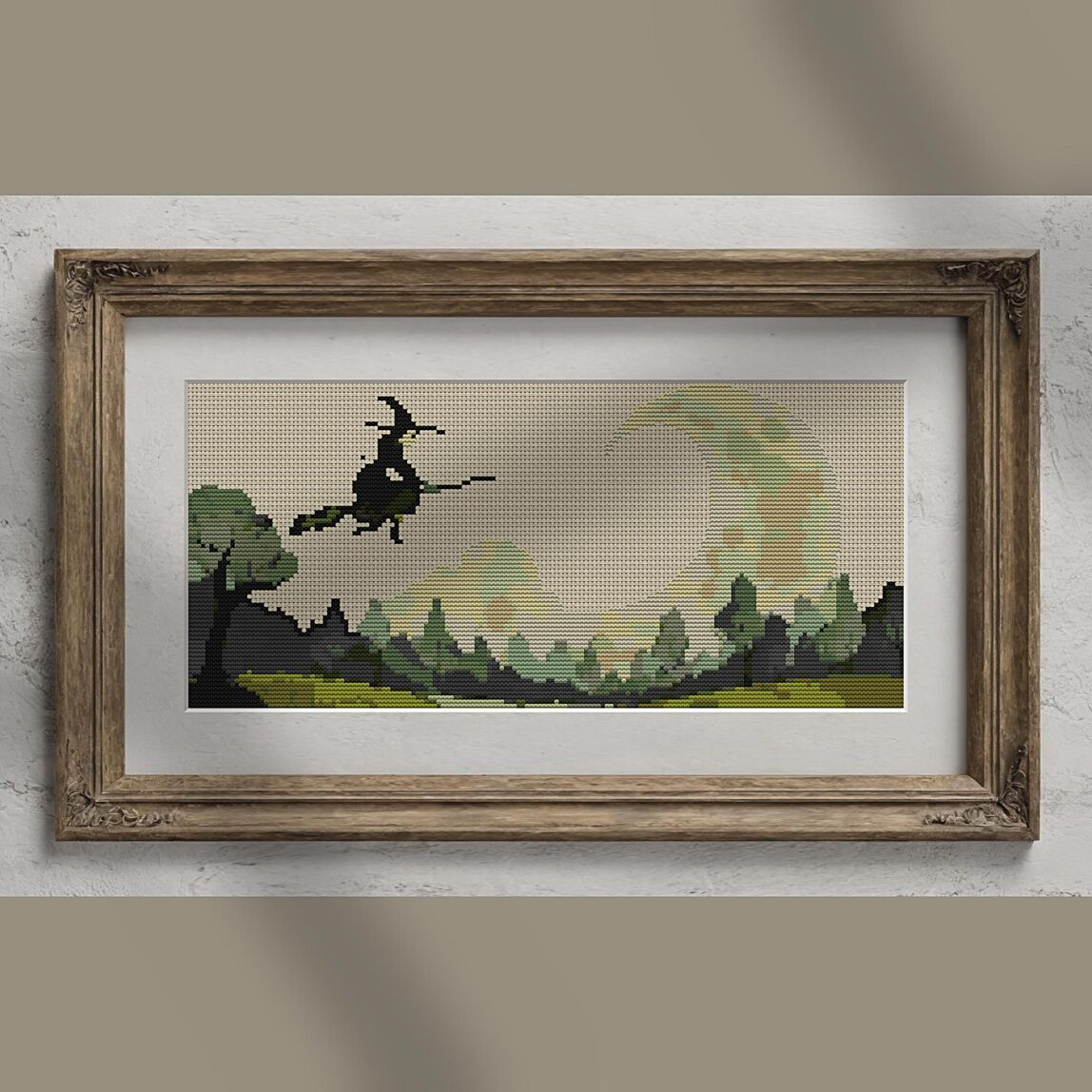 night-broom-witch alternative framed cross stitch mockup, realistic finished embroidery presentation