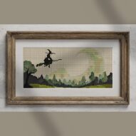 night-broom-witch alternative framed cross stitch mockup, realistic finished embroidery presentation