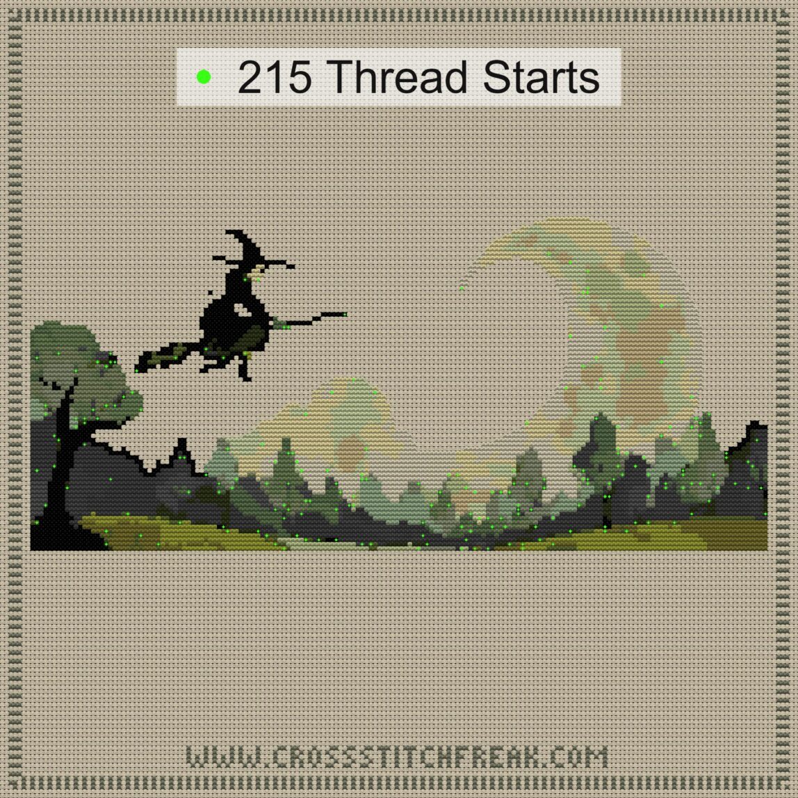 night-broom-witch cross stitch start point map with highlighted thread start positions in the full design